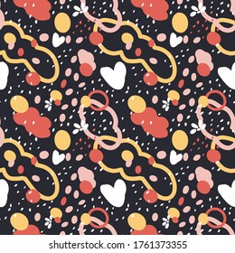 Abstract doodle clouds, snow and hearts colorful dark background. Vector seamless pattern design for textile, fashion, wrapping and paper