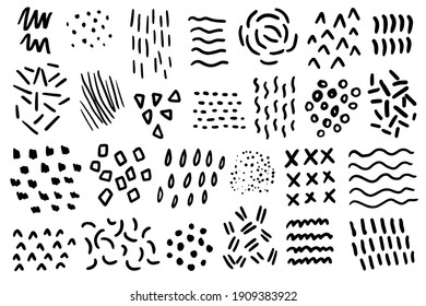 Abstract doodle collection of different shapes, brush strokes, patterns. Hand drawn set of Memphis elements. Vector illustration. 