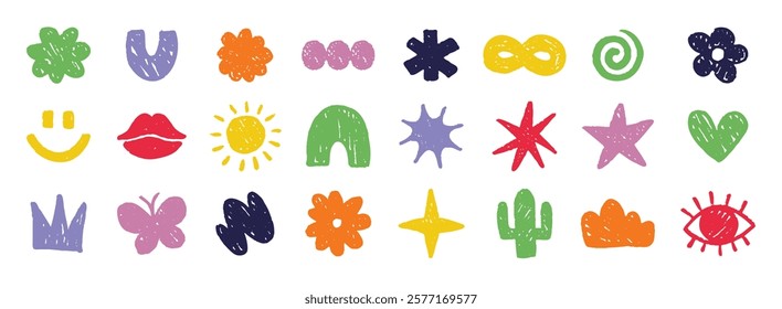 Abstract doodle colorful shapes. Chalk cute various modern kids hand drawn elements set. hearts, clouds, stars, flowers, eye, star stickers. Vector illustration