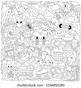 Abstract doodle coloring page with different objects, technologies and characters. Anti stress coloring book. Vector illustration.