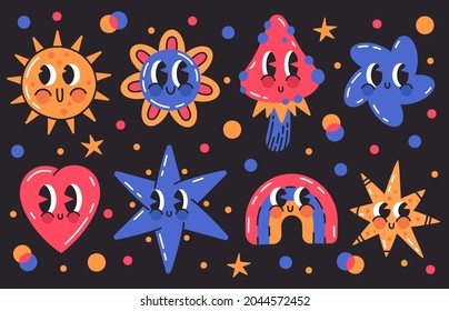 Abstract doodle comic characters. Cartoon emoji cute shapes, rainbow, heart, mushroom and star hand drawn vector illustration set. Cute comic mascots