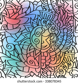Abstract doodle composition. Hand-drawn monochrome seamless pattern on blurred background. Vector background in an ethnic style.
