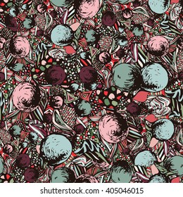 Abstract doodle composition, seamless pattern. Bright, multicolor ornament, hand drawing from a variety of decorative elements, fantasy motif. It can be used as wallpaper, wrap, fabric design