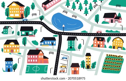 Abstract Doodle Country. Hand Drawn Cozy Cottage Buildings With Trees. Countryside Road And Bushes. Small Town Map. Suburban Architecture. Real Estate. Vector Cityscape Illustration