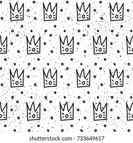 Abstract doodle crown seamless patten background. Monochrome black and white patten for design greeting card, modern party invitation, halloween holiday menu, bag print, t shirt design etc.