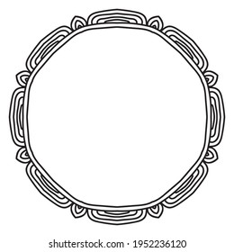 Abstract doodle curly thin line round frame isolated on white background. Mandala border. 