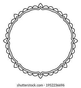 Abstract doodle curly thin line round frame isolated on white background. Mandala border. 