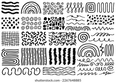 Abstract doodle design elements. Black doodle patterns isolated on white background,. Abstract patterns and decorations, vector set.