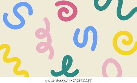 Abstract doodle design with hand drawn colorful lines and shapes. Simple childish scribble background with bright cute elements. Trendy minimal pattern. Contemporary art vector backdrop.