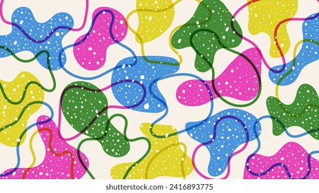 Abstract doodle design with hand drawn colorful shapes, lines and dots. Retro background with risograph effect and grain. Cute vector pattern.