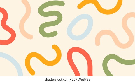 Abstract doodle design with hand drawn lines and shapes. Colorful simple childish scribble background with bright cute elements. Fun minimal pattern. Contemporary trendy vector backdrop.