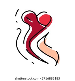 Abstractas dibujo de doodle con un corazón rojo estilizado con líneas fluidas y acentos de colores cálidos, que representa el amor, el romance y la conexión emocional en un estilo moderno y artístico