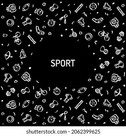 Abstract Doodle Drawn Frame Collection Sport Hockey Dumbbell Cup Bicycle Medal Sketch Vector Design Style Background Healthy Lifestyle Fitness Illustration Icons