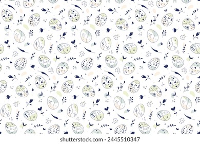 Abstract Doodle Easter seamless pattern with different eggs. Vector Boho style design for background, greeting card, invitation
