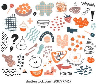 Abstract doodle elements and figures set. Food objects. Vector bundle with lines, waves, plus, stripes, curves, grid, spots, stars, dots. 