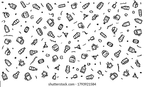 Abstrakte handgezeichnete Sammlung Doodle Elements Drink Cocktails Alkoholskizze Vektordesign-Hintergrund für Restaurantcafé-Illustration