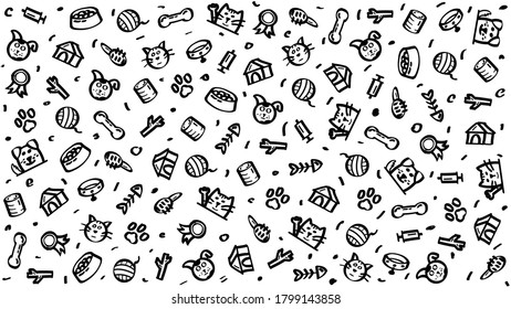 Abstract Doodle Elements Hand Drawn Collection Pets Animal Sketch Vector Design Style Background Dog Cat Bone Food Training Caring Grooming  Illustration Icons