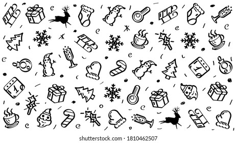 Abstract Doodle Elements Hand Drawn Collection Winter Sketch Vector Design Style Background Snowflake Snowman Santa Glove Christmas Toy Tree Illustration Cartoon Icons