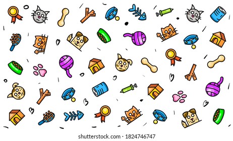 Abstract Doodle Elements Hand Drawn Collection Pets Animal Sketch Vector Design Style Background Dog Cat Bone Food Training Caring Grooming  Illustration Icons