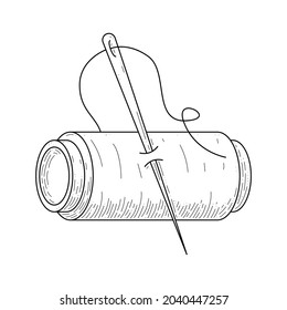 Abstract Doodle Elements Hand Drawn Outline Needle With Spool Of Thread Sketch Vector Design Style Isolated On White Background Illustration For Knitting, Embroidery, Sewing 