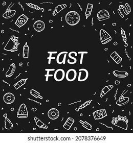Abstract Doodle Elements Hand Drawn Frame Fast Food Pizza Hamburger Snack Drink Croissant Sketch Vector Design Style Background Menu Illustration Icons
