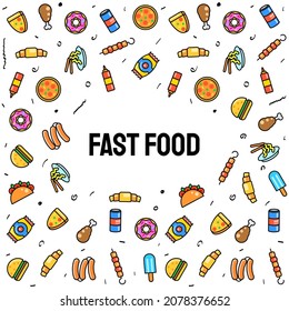 Abstract Doodle Elements Hand Drawn Frame Fast Food Pizza Hamburger Snack Drink Croissant Sketch Vector Design Style Background Menu Illustration Icons