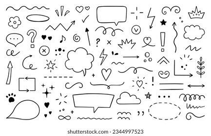 Resumen de los elementos del doodle. Ilustraciones decorativas dibujadas a mano en forma de boceto. Flechas, ictus, estrellas, flores, corazones, símbolos y signos decorativos. Ilustración vectorial aislada en fondo blanco.