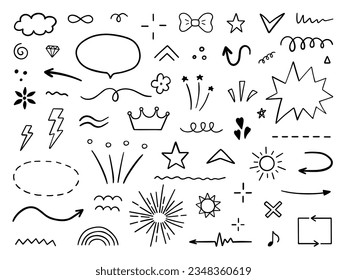 Abstract doodle elements. Hand drawn decorative illustrations in sketch style. Arrows, stroke, stars, flowers, hearts, decoration symbols and signs. Vector illustration isolated on white background.