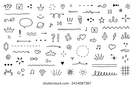 Abstract doodle elements. Hand drawn decorative illustrations in sketch style. Arrows, stars, flowers, hearts, decoration symbols and signs. Vector illustration isolated on white background.