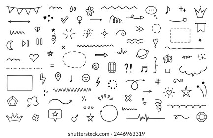 Abstract doodle elements. Hand drawn decorative illustrations in sketch style. Arrows, stars, flowers, hearts, decoration symbols and signs. Vector illustration isolated on white background.