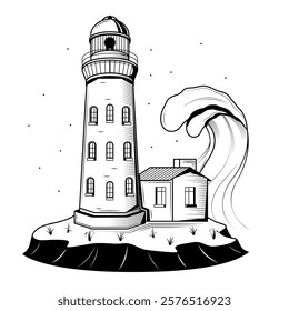 Abstract Doodle Elements Hand Drawn Lighthouse Wave Water Clouds Marine Sealight Seascape Tower Sketch Vector Design Style Background Illustration Illustration Icons