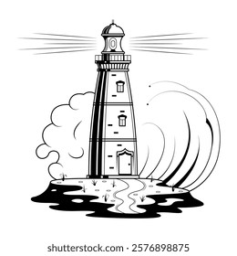 Abstract Doodle Elements Hand Drawn Lighthouse Wave Water Clouds Marine Sealight Seascape Tower Sketch Vector Design Style Background Illustration Illustration Icons