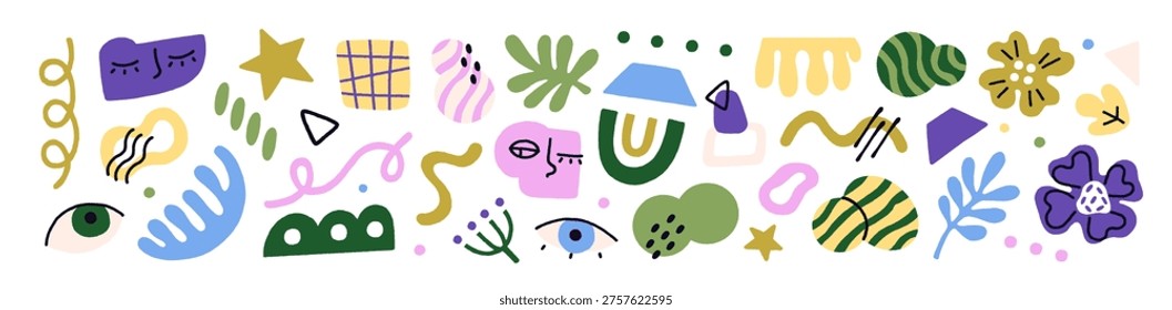 Abstract doodle elements set. Different textures, geometric shapes and plants. Face with eye, flowers and branches with leaves. Lines, curves and nature. Flat isolated vector illustrations on white