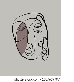 Abstract doodle face one line drawing. Minimal icon. Cubism style. Hand drawn vector illustration. Human modern portrait 