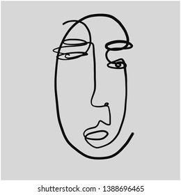 Abstract doodle face one line drawing. Minimal icon. Cubism style. Hand drawn vector illustration. Human modern portrait 