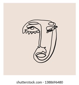Abstract doodle face one line drawing. Minimal icon. Cubism style. Hand drawn vector illustration. Human modern portrait 