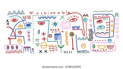 Abstract doodle face portrait people line art outline  colorful hand drawn vector illustration. Artistic art design for cover, decoration, poster, cards, wall art, print and background.