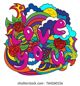 Abstract doodle fantasy sticker pattern I love you
