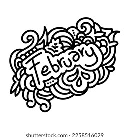 Abstract doodle of february in white background. Doodle about february. Hand lettering with doodle. Doodle for item design, landpage, fabric, or any purposes.