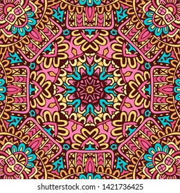 Abstract doodle festival art seamless pattern mandala star. Ethnic geometric ornamental print. Colorful repeating background texture.