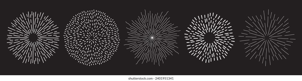Abstract doodle fireworks set. Hand drawn explosion collection. Sunburst, starburst sparkle with radial lines. 