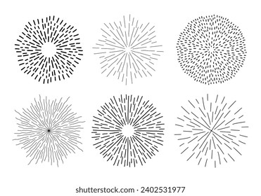 Abstract doodle fireworks set. Hand drawn explosion collection. Sunburst, starburst sparkle with radial lines. 