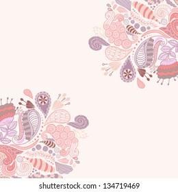 Abstract doodle floral background. Layout template with flowers.