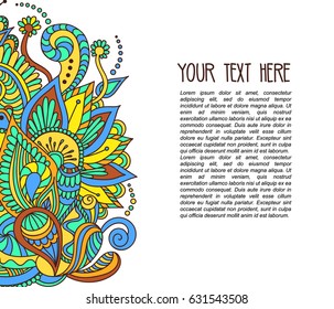 Abstract doodle with floral motifs and ornament and place for your text. Green hand drawn doodle. 