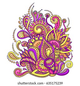 Abstract doodle with floral motifs and ornament. Vector hand drawn pink doodle with flowers.