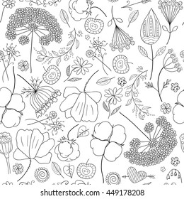 Abstract doodle floral pattern. Seamless pattern with flowers. Floral background. Fabric, textile, wrapping paper, card background, wallpaper template.