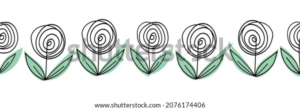Abstract doodle flower seamless border. Modern\
linear pattern decorative flowers, nature of wild field and meadow.\
Vector sketch illustration isolated on white background. Simple\
minimalism border.