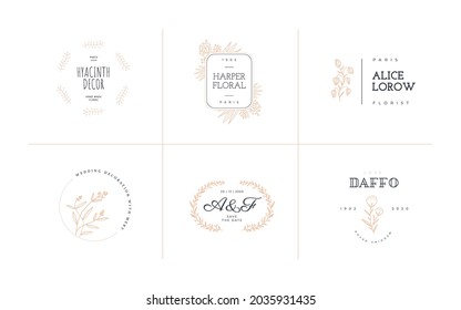 Abstract Doodle flowers logo template. Modern Logo Template for florist, photographer, fashion blogger, design studio. Retro Floral Vector Illustration.
