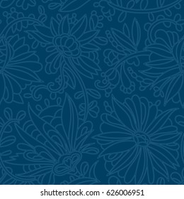 Abstract doodle flowers pattern. Vector seamless dark blue floral background.