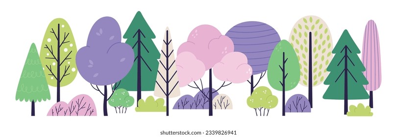 Abstrakter doodle Waldhintergrund. Farbige Bäume, skandinavischer Busch und Baum. Kreative Garten- oder Parklandschaft. Vektorbanner der Natur